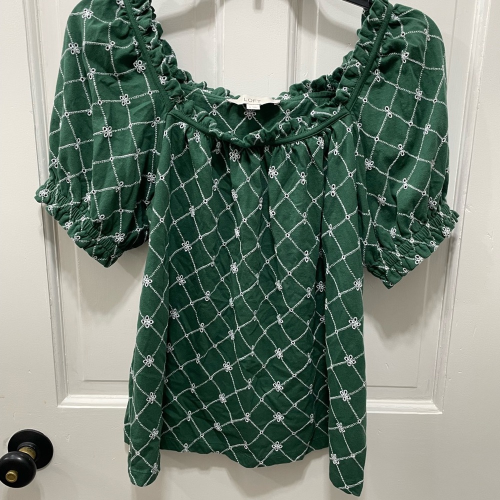 LOFT Green and White Eyelet Peasant Blouse